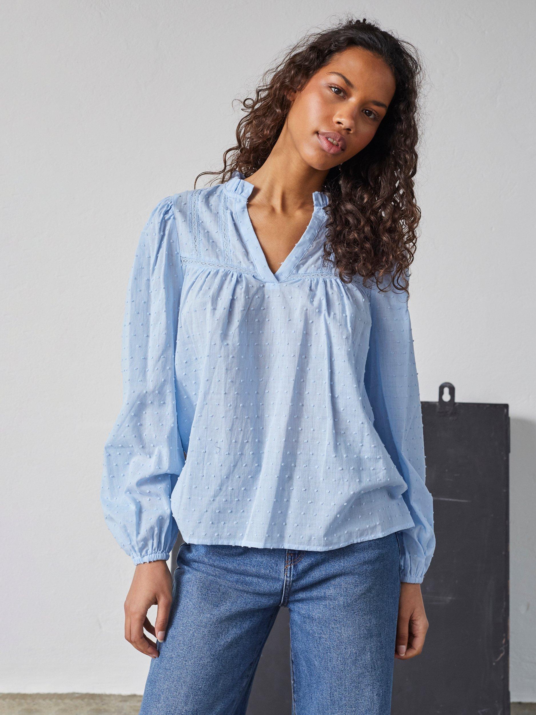 Product image 1 of 4, which shows Sisters Point Venisa Ruffle Blouse, Mid Blue, XS