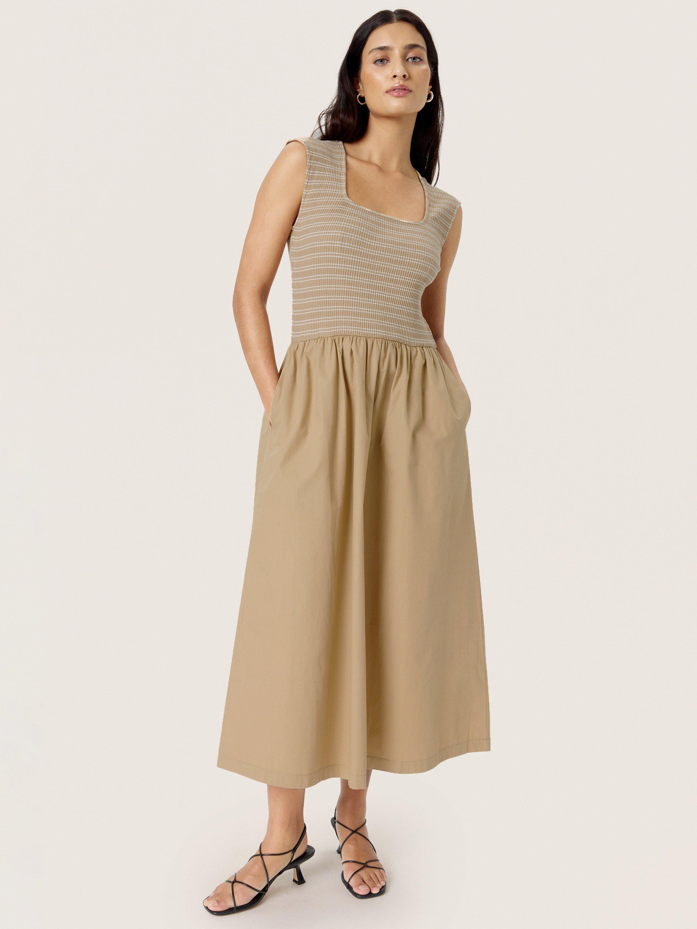 Product image 1 of 5, which shows Soaked In Luxury Simone Stripe Bodice Dress, Travertine, XS