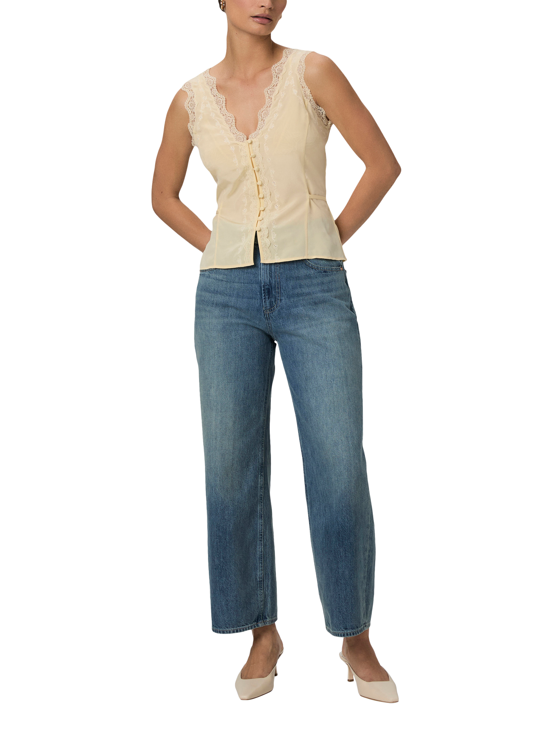 Product image 2 of 5, which shows PAIGE Ancona Lace Trim SilkTank Top, Yellow, XS