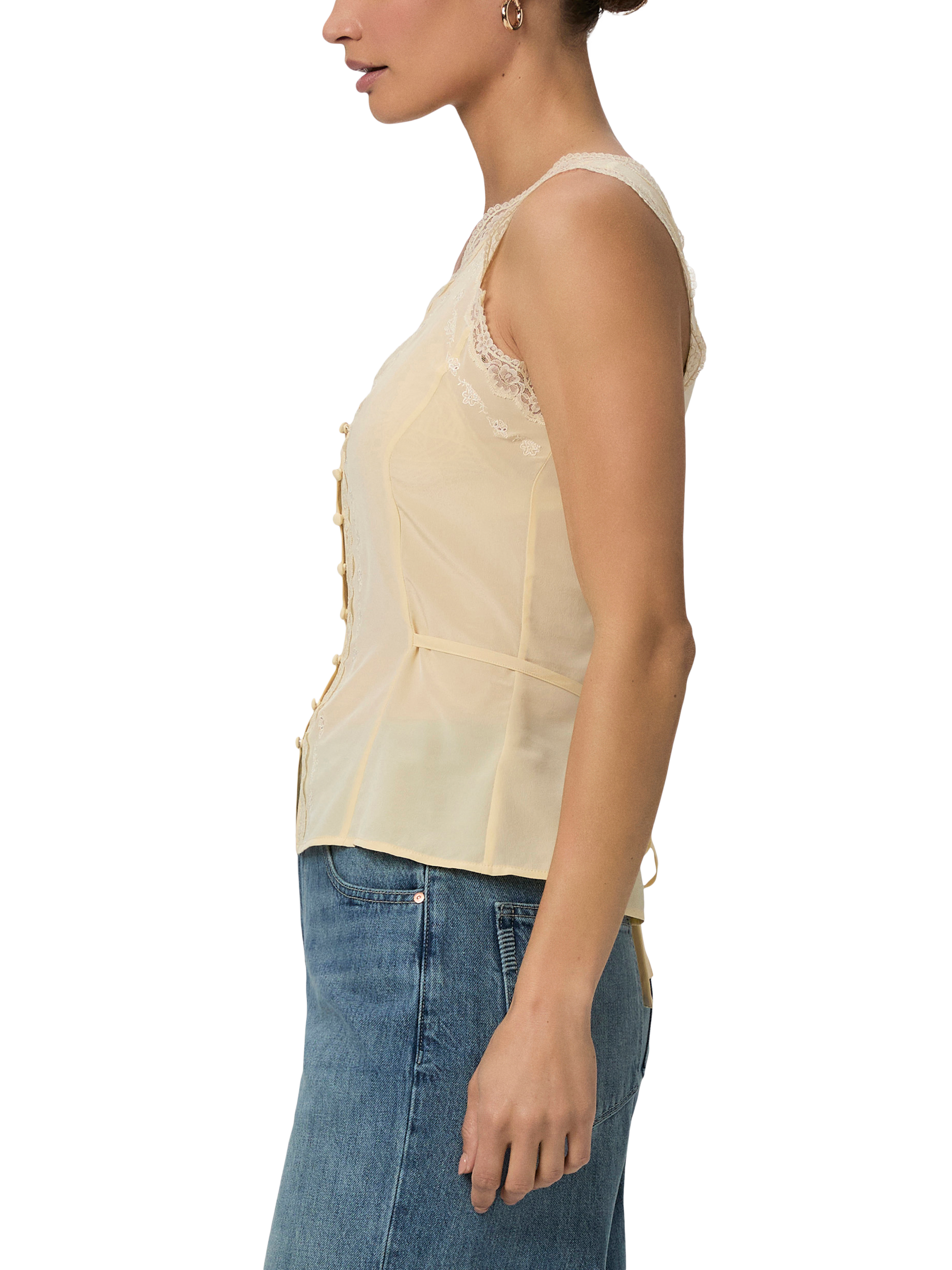 Product image 3 of 5, which shows PAIGE Ancona Lace Trim SilkTank Top, Yellow, XS