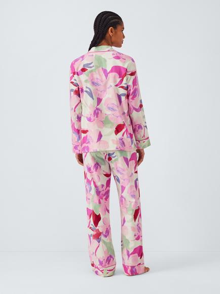 John Lewis Floral Button Through Long Pyjama Set, Pink - view 2, Pink