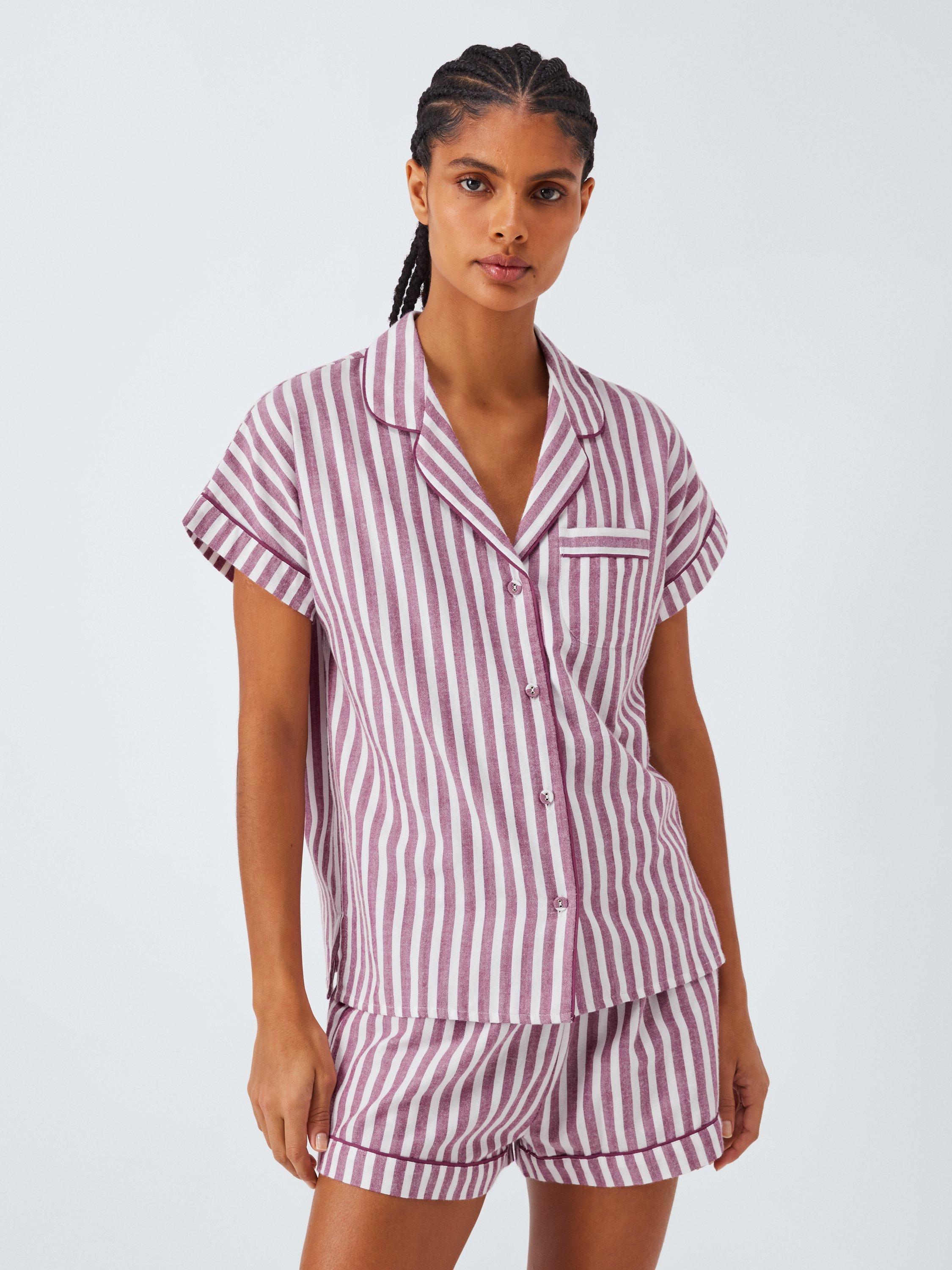 Product image 1 of 6, which shows John Lewis Luna Stripe Button Through Short Pyjama Set, Raspberry Coulis, 8
