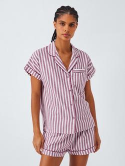 John Lewis Luna Stripe Button Through Short Pyjama Set, Raspberry Coulis, Raspberry Coulis