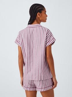 John Lewis Luna Stripe Button Through Short Pyjama Set, Raspberry Coulis - view 2, Raspberry Coulis