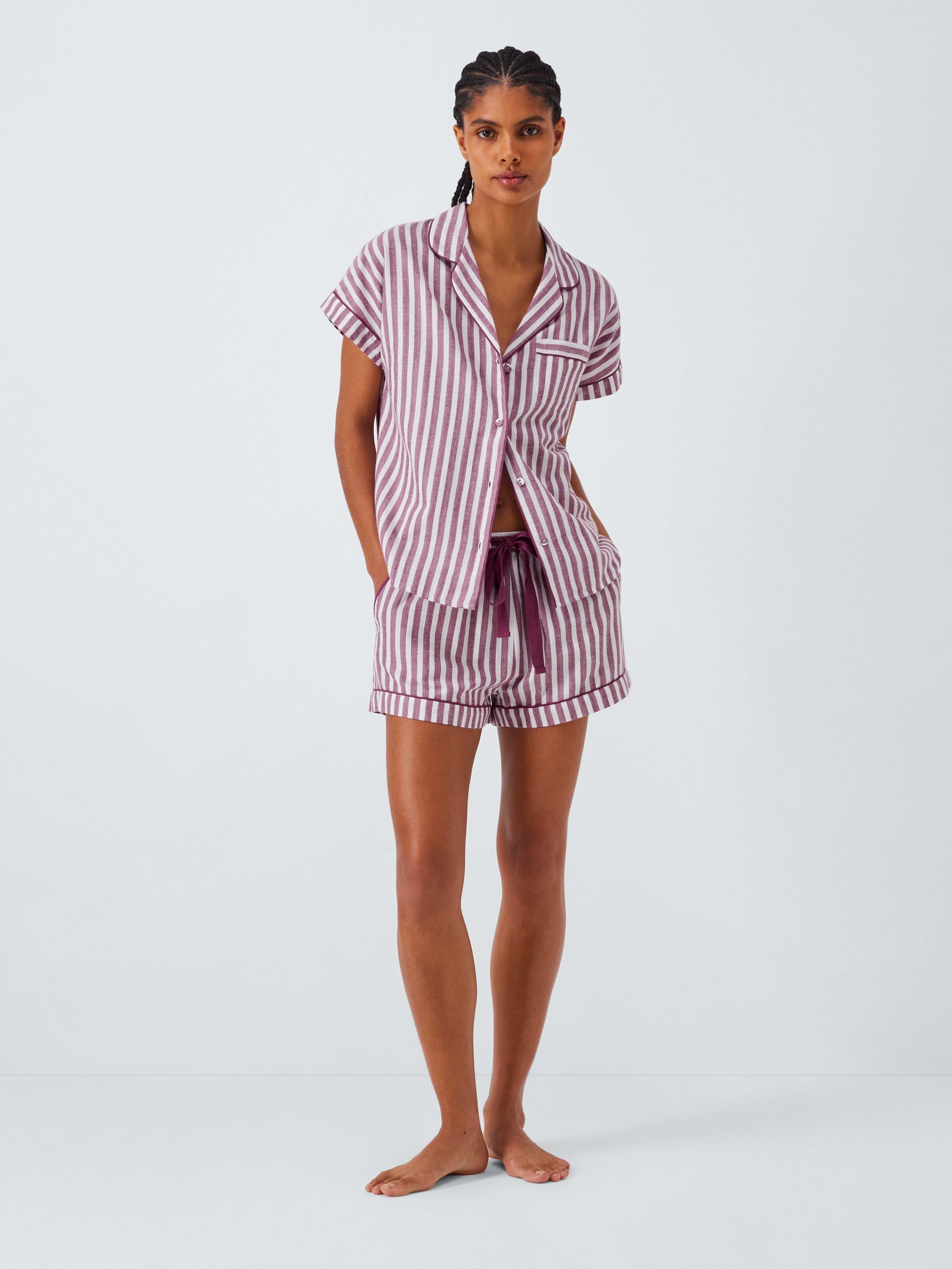 Product image 3 of 6, which shows John Lewis Luna Stripe Button Through Short Pyjama Set, Raspberry Coulis, 8