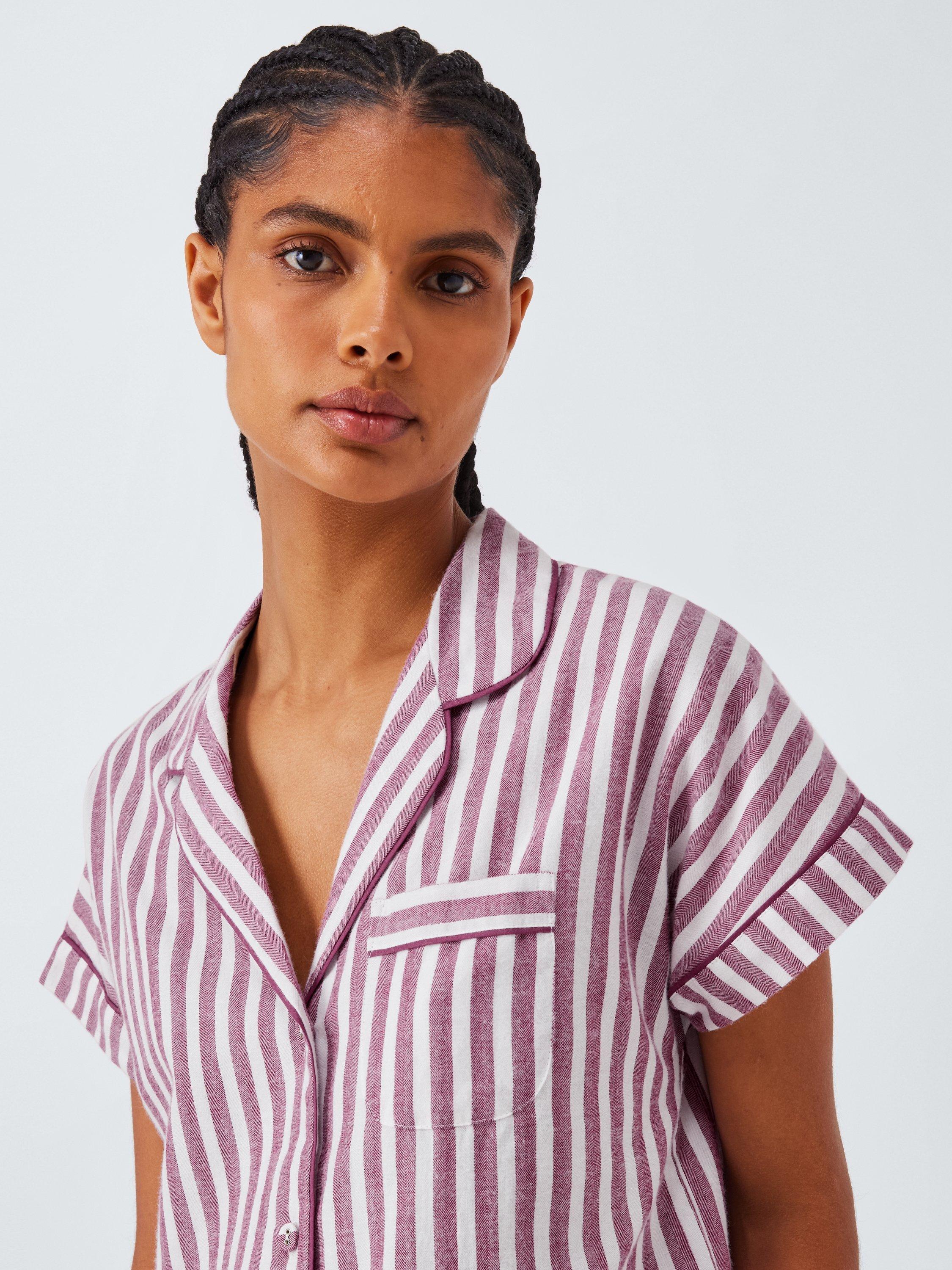Product image 5 of 6, which shows John Lewis Luna Stripe Button Through Short Pyjama Set, Raspberry Coulis, 8