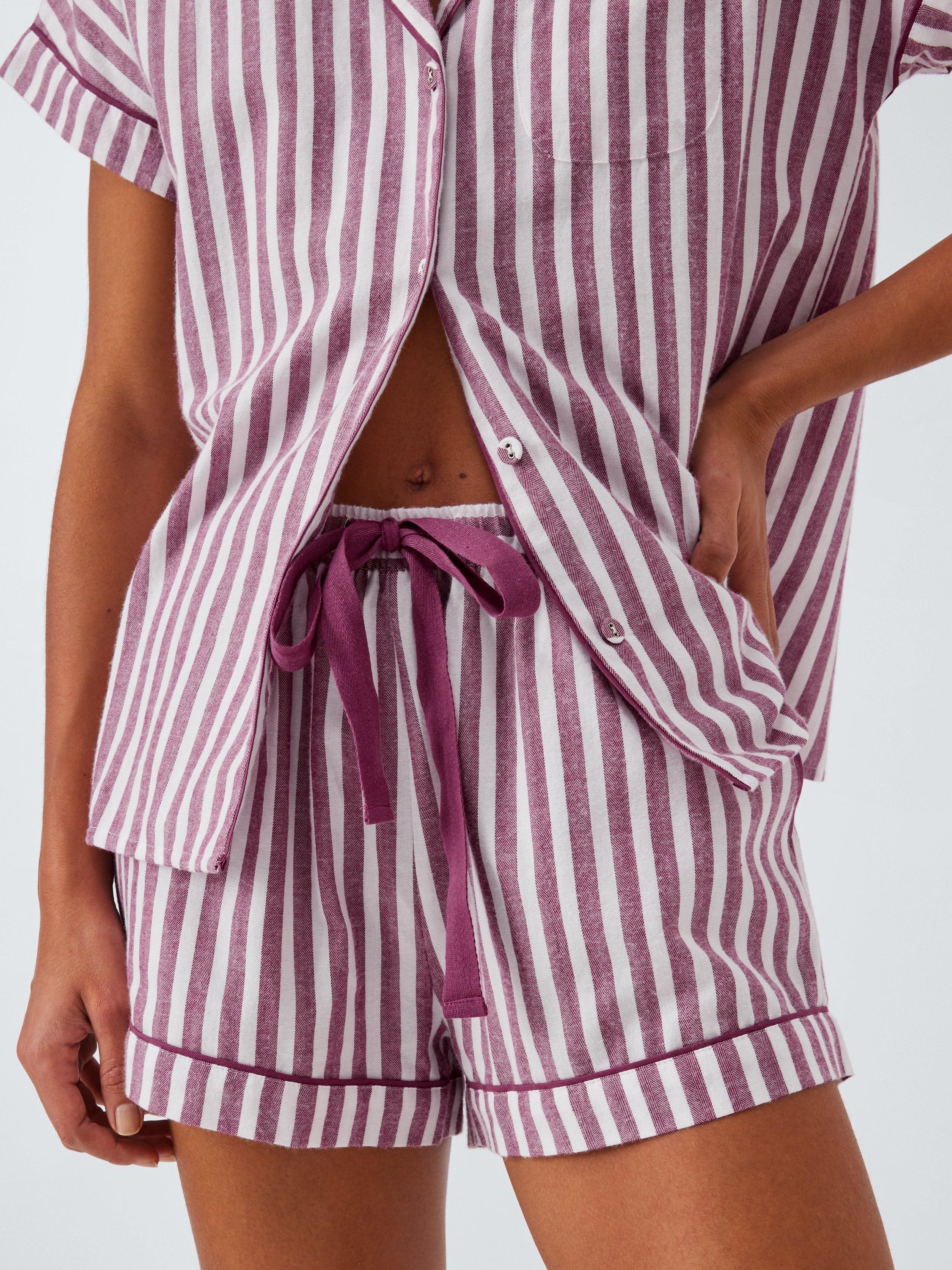 Product image 6 of 6, which shows John Lewis Luna Stripe Button Through Short Pyjama Set, Raspberry Coulis, 8