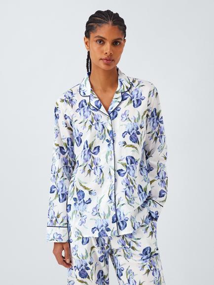 John Lewis Iris Floral Long Sleeve Pyjama Shirt, Ivory/Blue, Ivory/Blue