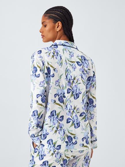 John Lewis Iris Floral Long Sleeve Pyjama Shirt, Ivory/Blue - view 2, Ivory/Blue