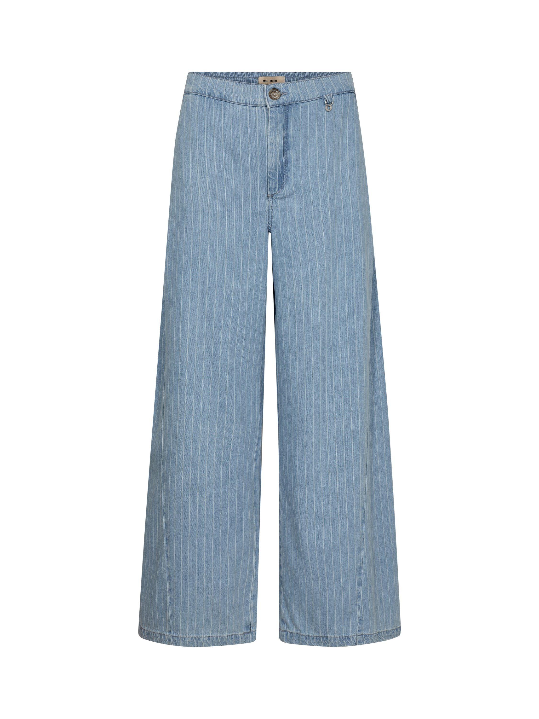 Product image 1 of 2, which shows MOS MOSH Vincent Cotton Wide-Leg Stripe Trousers, Mid Blue, 25R