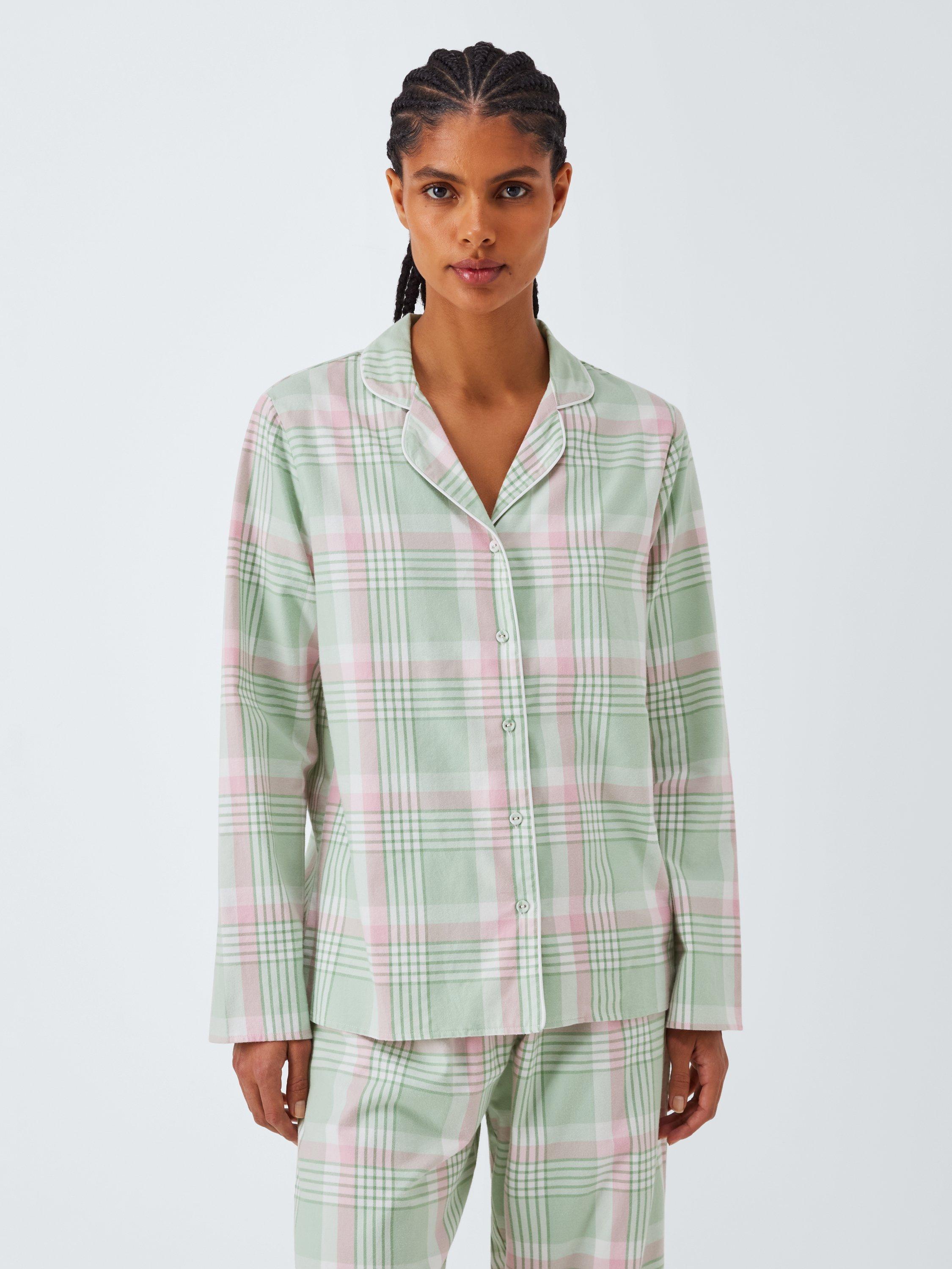 Product image 1 of 6, which shows John Lewis Check Yarn Dyed Button Through Long Pyjama Set, Light Green, 8