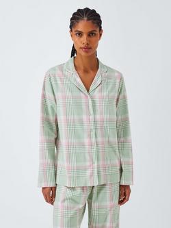 John Lewis Check Yarn Dyed Button Through Long Pyjama Set, Light Green, Light Green