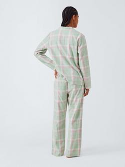 John Lewis Check Yarn Dyed Button Through Long Pyjama Set, Light Green - view 2, Light Green