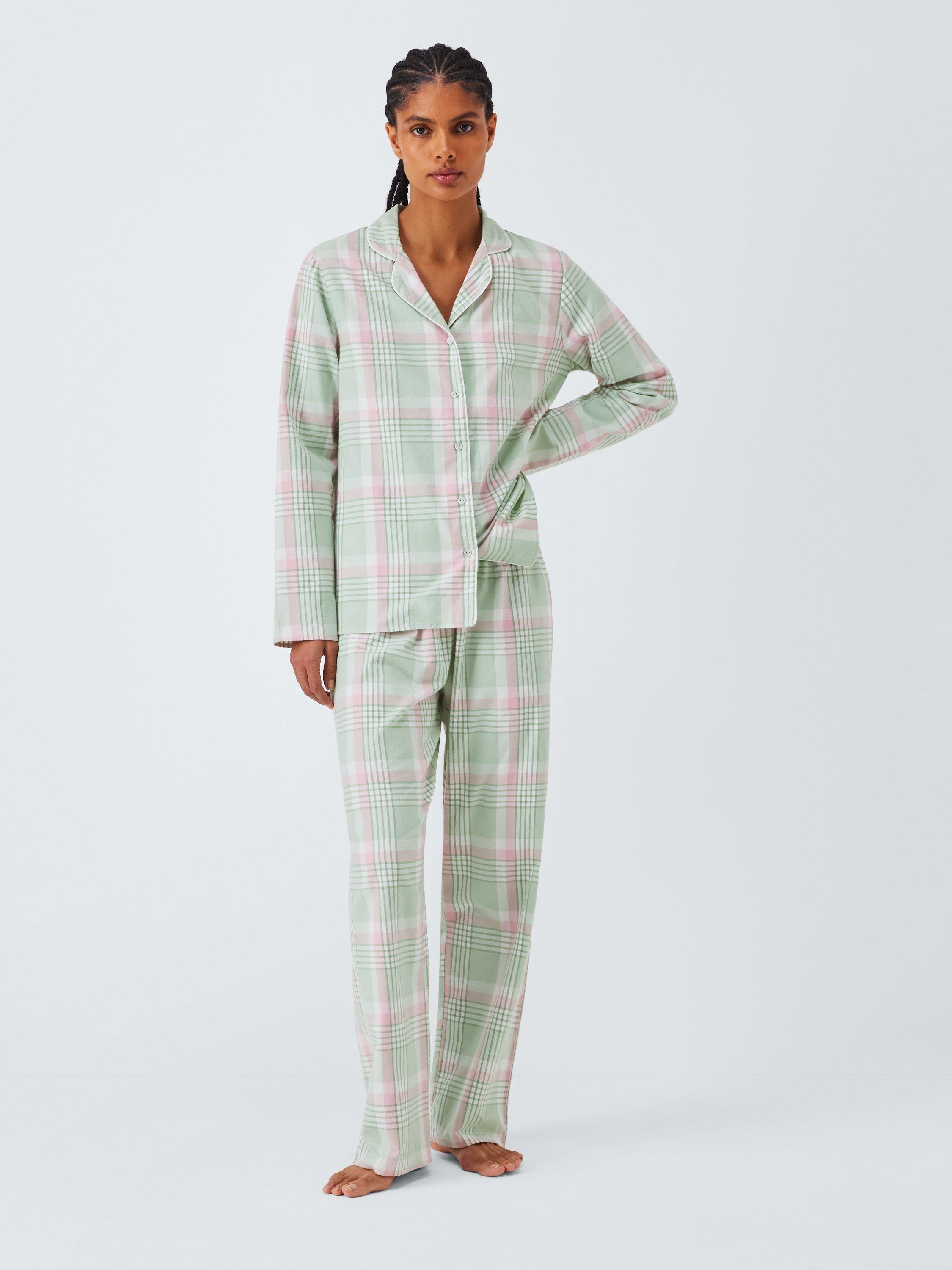 Product image 3 of 6, which shows John Lewis Check Yarn Dyed Button Through Long Pyjama Set, Light Green, 8