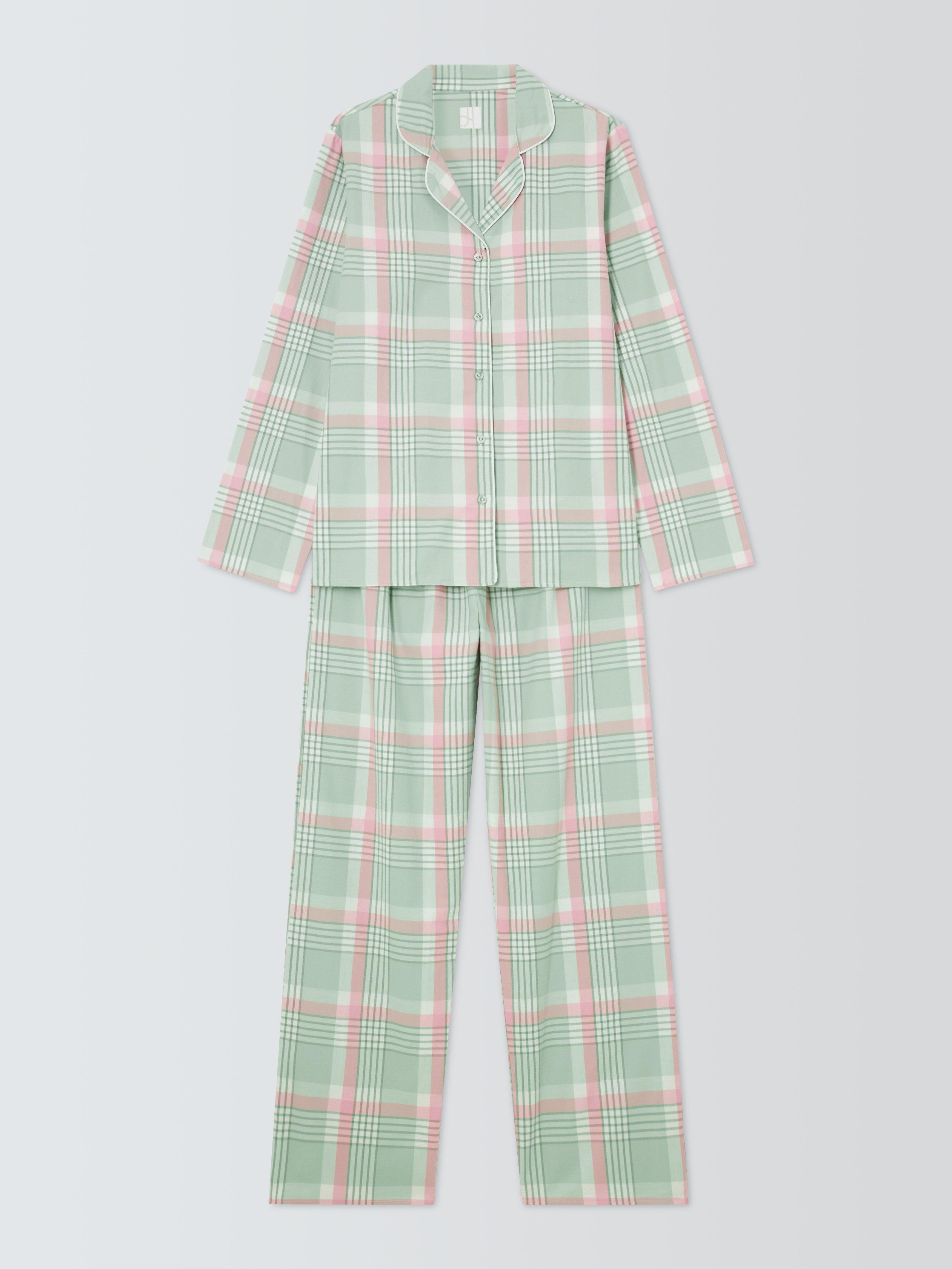 Product image 4 of 6, which shows John Lewis Check Yarn Dyed Button Through Long Pyjama Set, Light Green, 8
