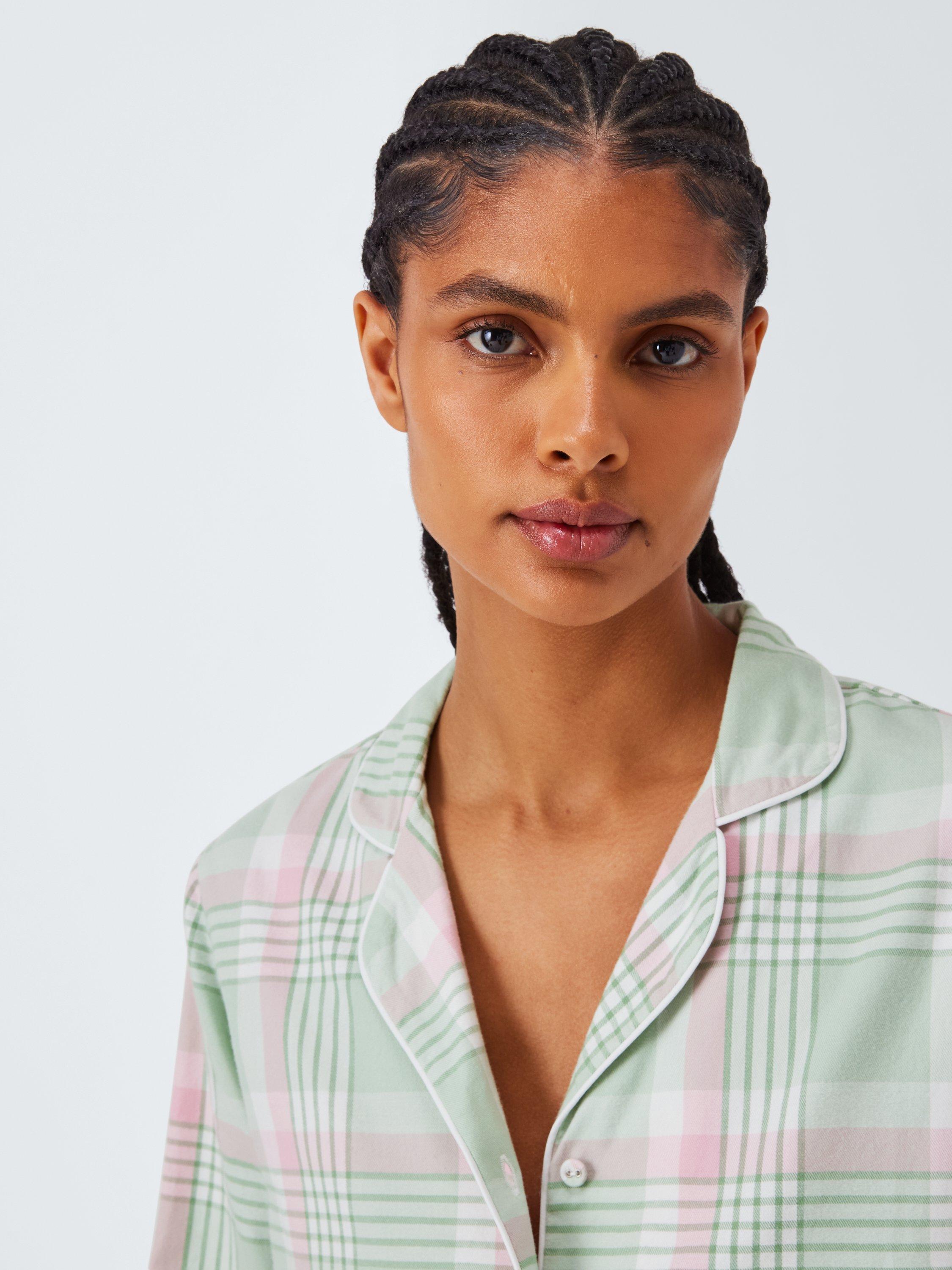 Product image 5 of 6, which shows John Lewis Check Yarn Dyed Button Through Long Pyjama Set, Light Green, 8