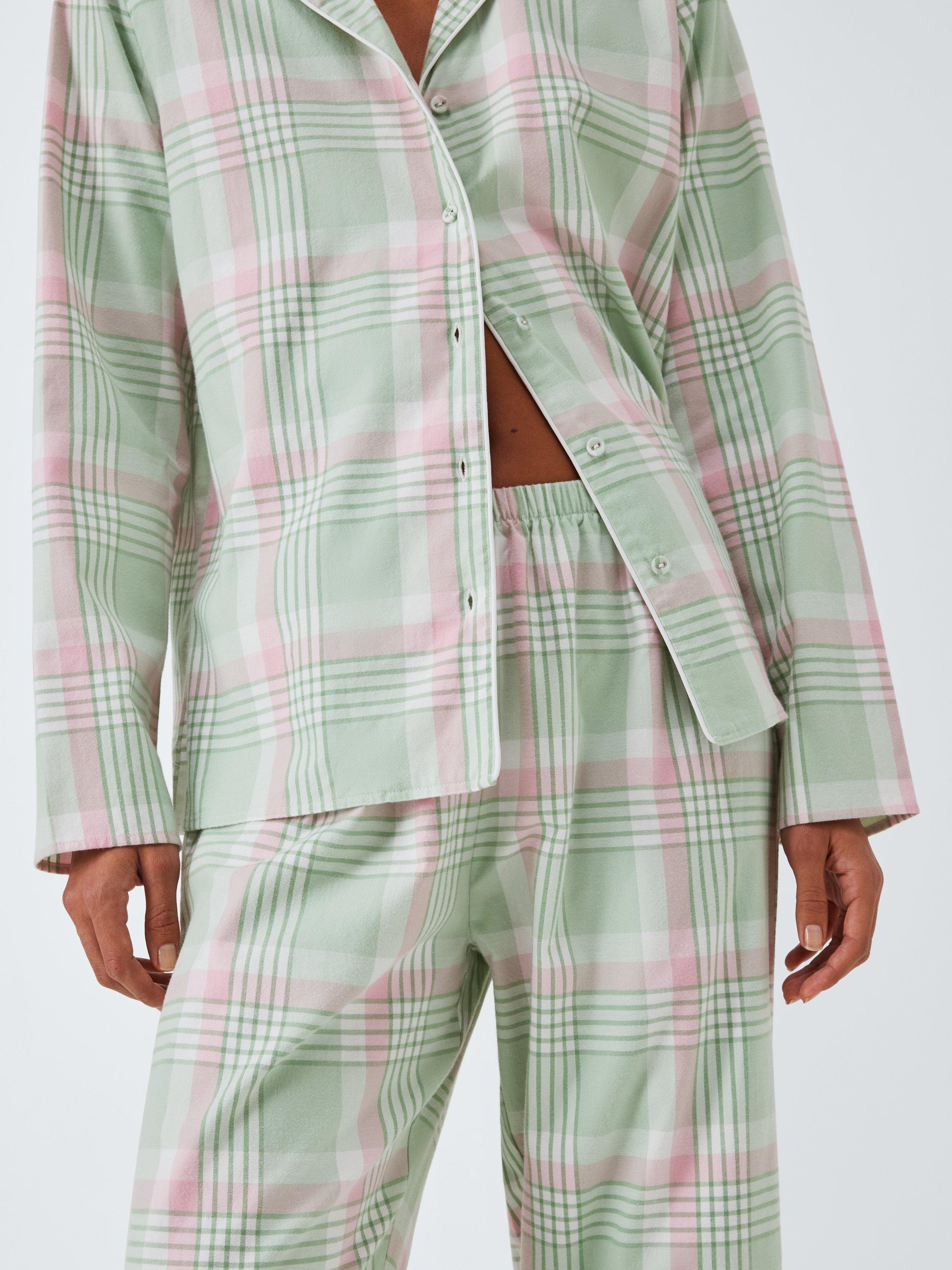 Product image 6 of 6, which shows John Lewis Check Yarn Dyed Button Through Long Pyjama Set, Light Green, 8