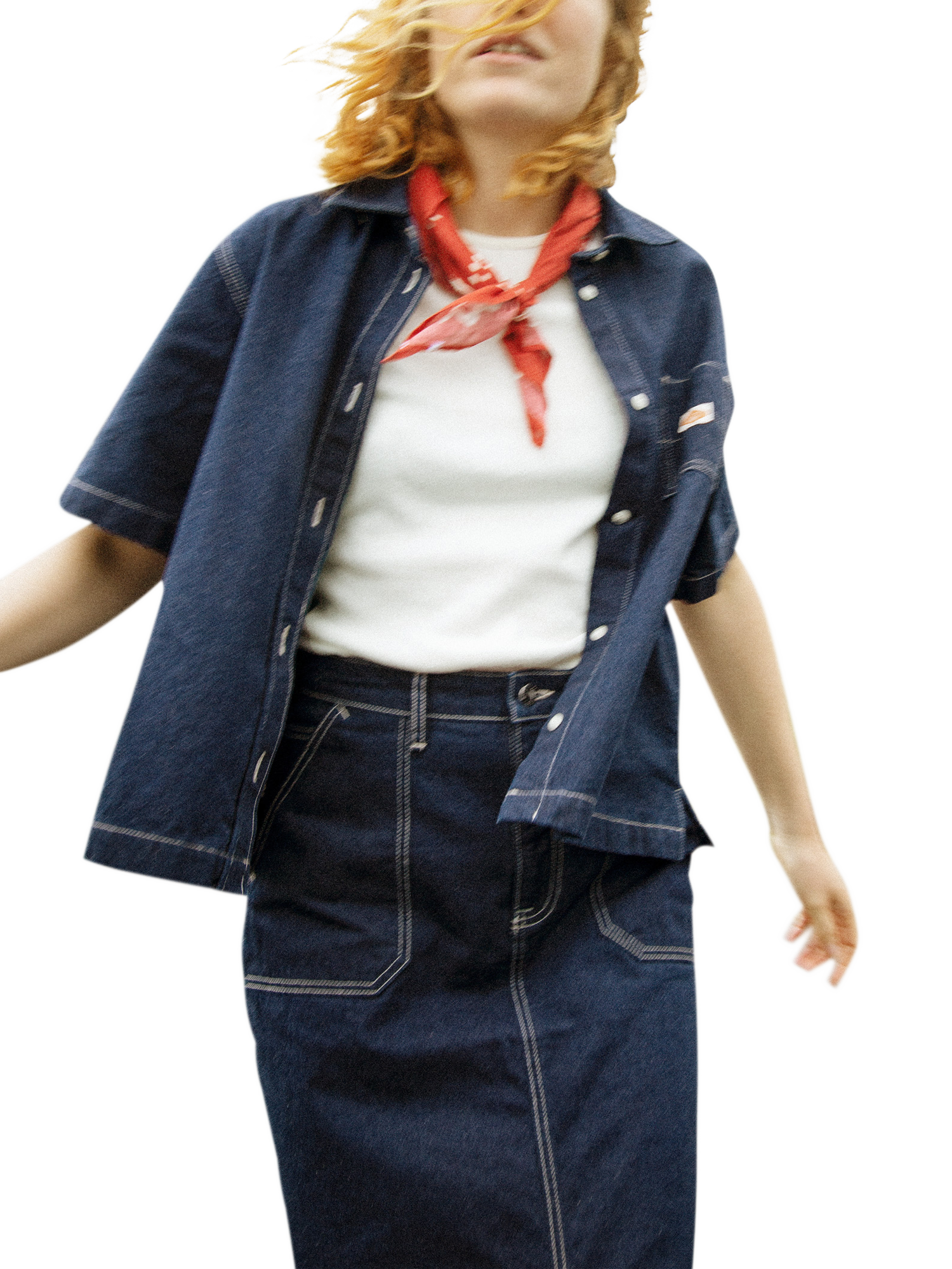 Product image 5 of 6, which shows Nudie Jeans Lina Short Sleeve Painter Denim Shirt, Dark Blue, XS