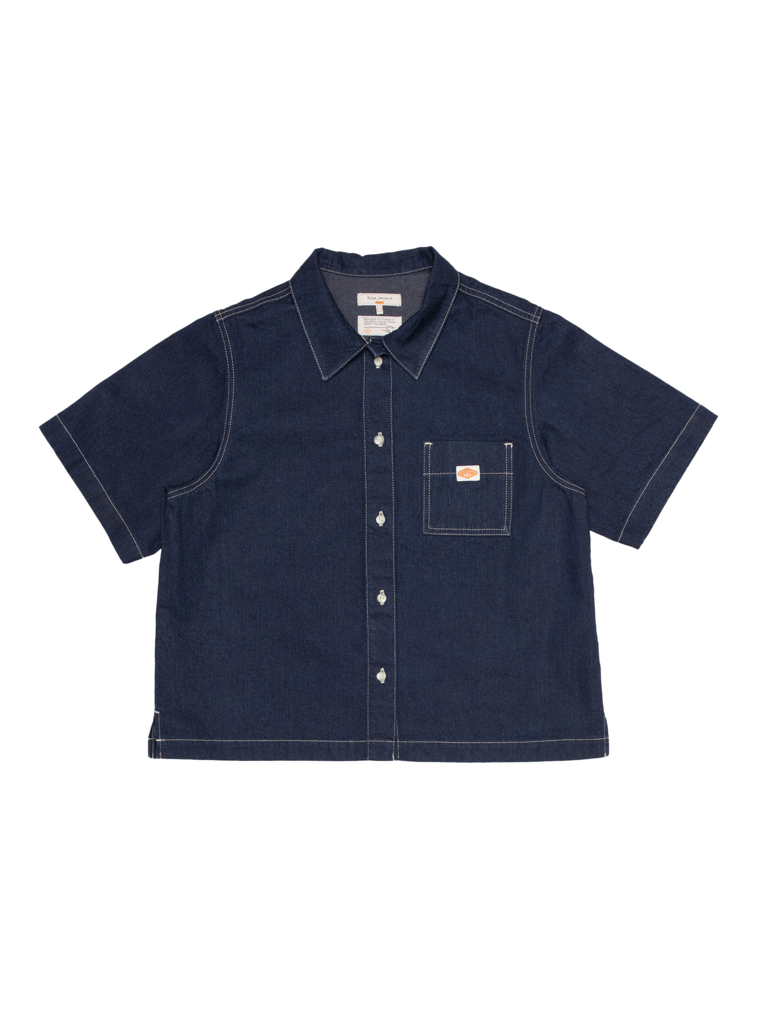 Product image 1 of 6, which shows Nudie Jeans Lina Short Sleeve Painter Denim Shirt, Dark Blue, XS