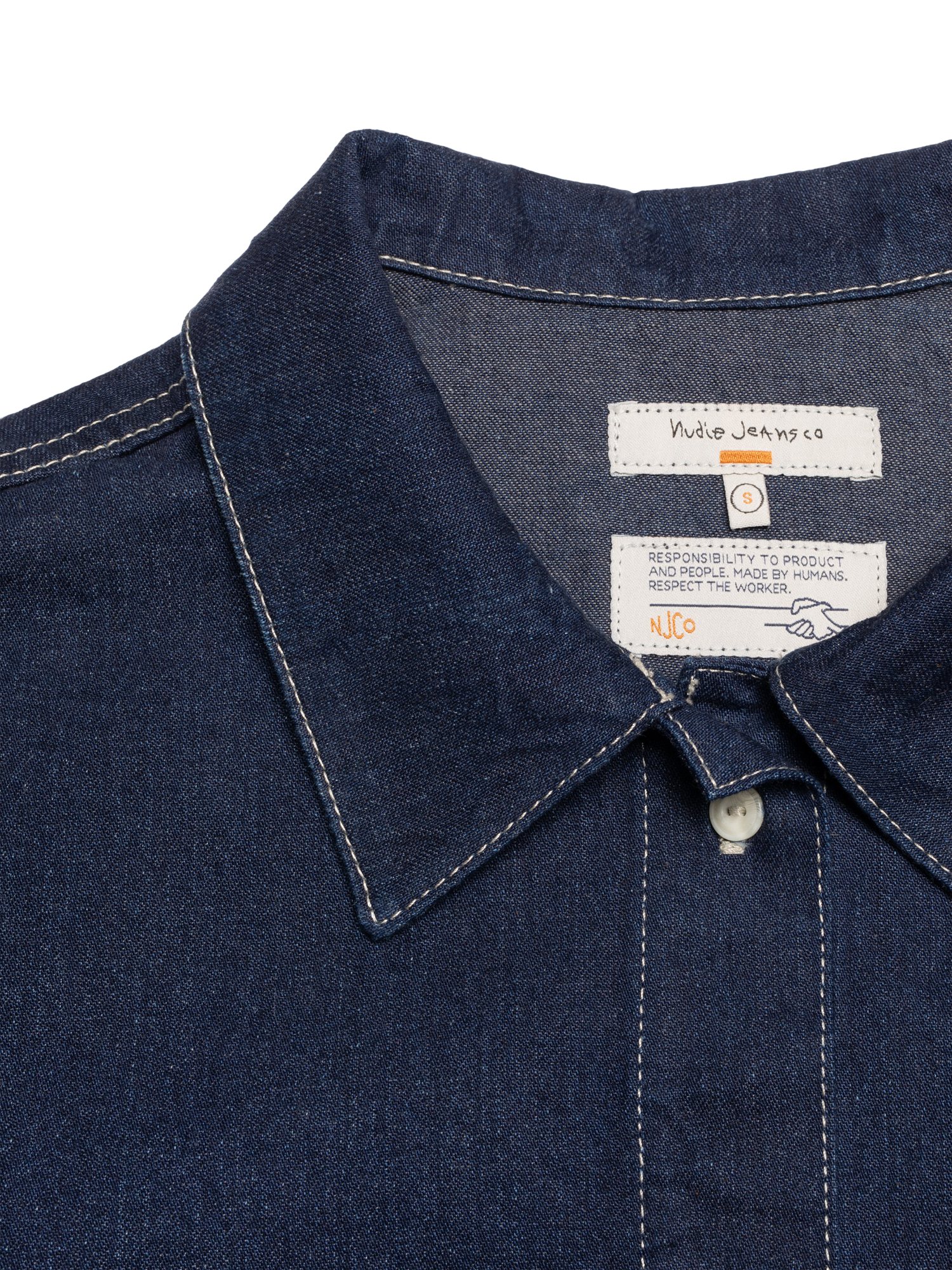 Product image 2 of 6, which shows Nudie Jeans Lina Short Sleeve Painter Denim Shirt, Dark Blue, XS