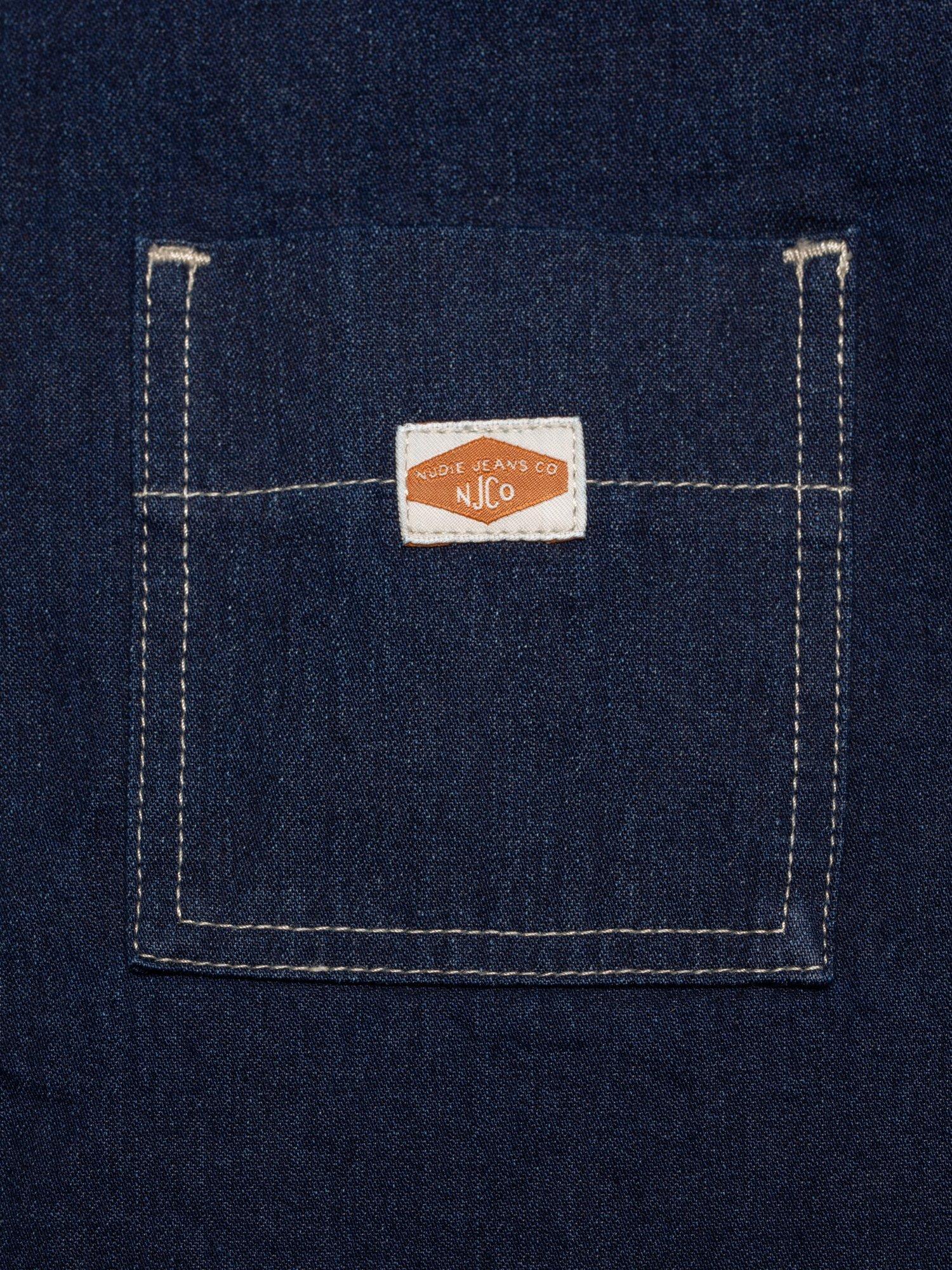 Product image 3 of 6, which shows Nudie Jeans Lina Short Sleeve Painter Denim Shirt, Dark Blue, XS