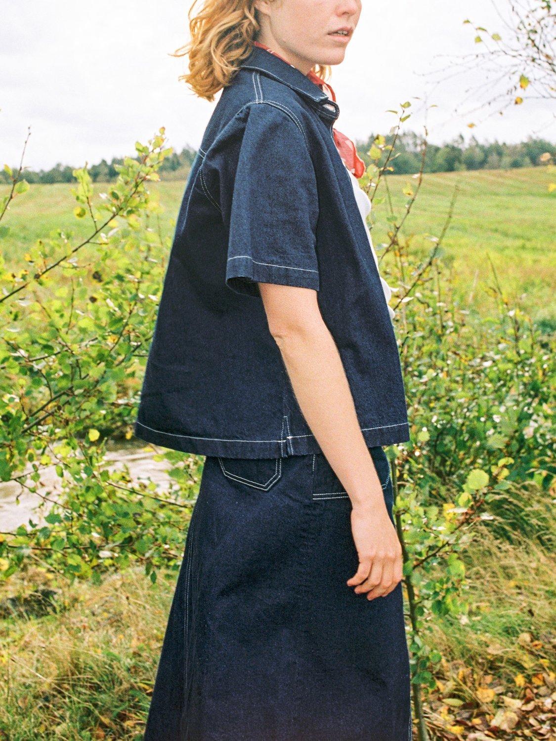Product image 6 of 6, which shows Nudie Jeans Lina Short Sleeve Painter Denim Shirt, Dark Blue, XS