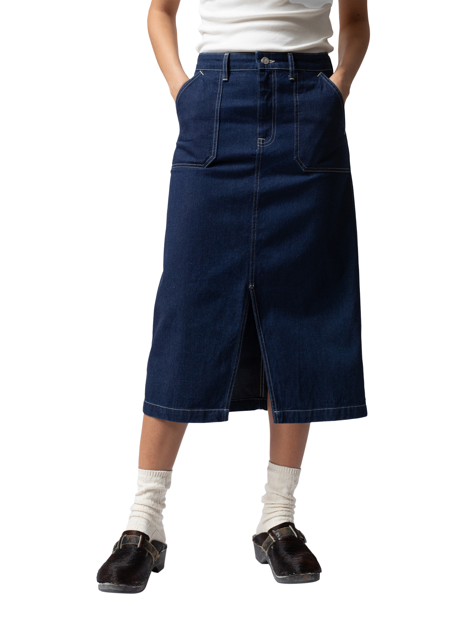 Nudie Jeans Boel Painter Denim Midi Skirt, Dark Blue