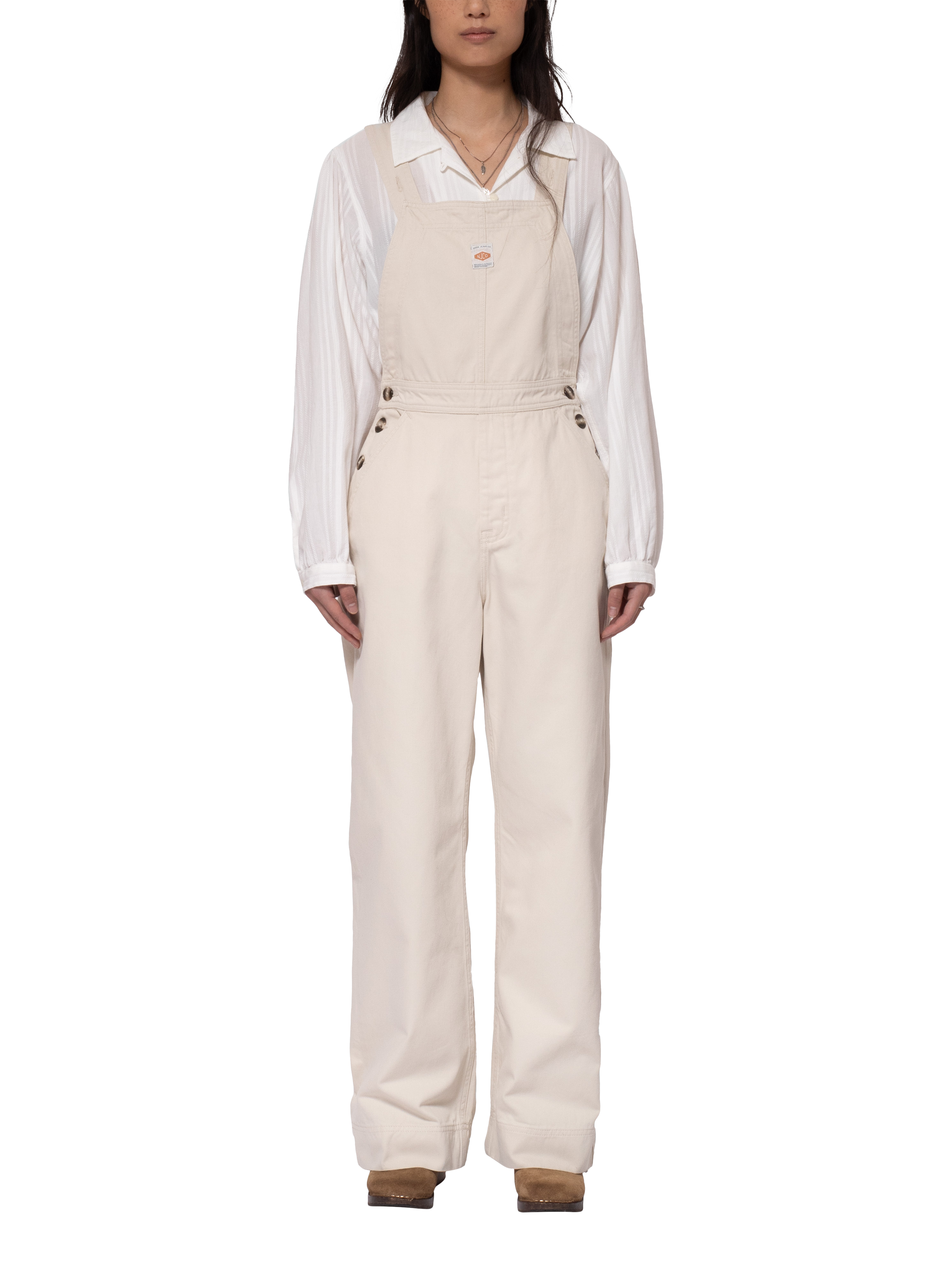Product image 1 of 3, which shows Nudie Jeans Judy Workwear Cotton Twill Dungarees, Off White, XS
