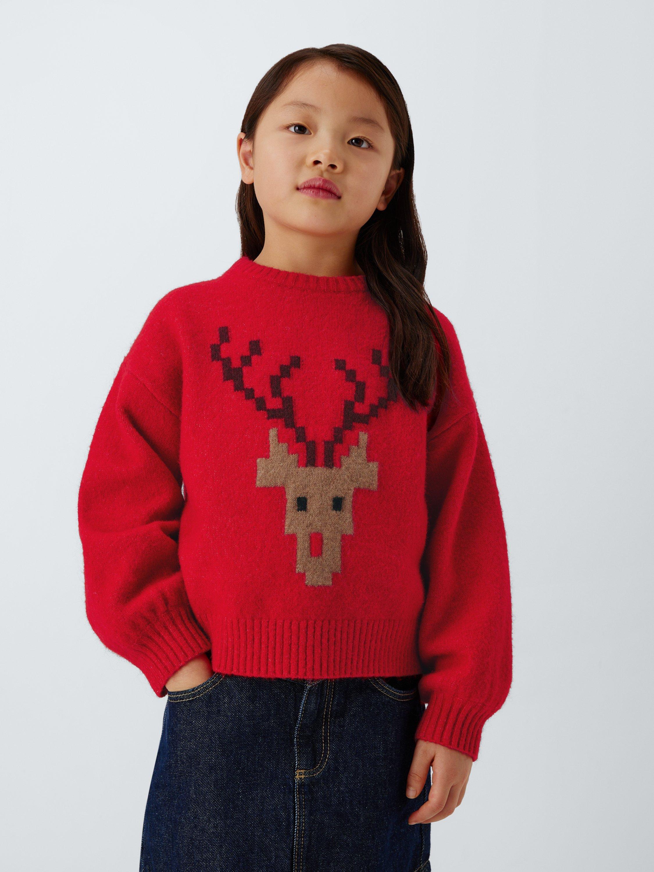 Product image 1 of 7, which shows John Lewis Kids' Graphic Reindeer Jumper, Red, Multi, 5 years
