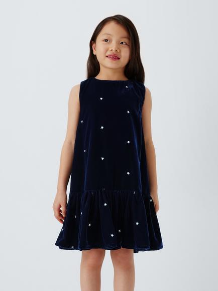 John Lewis Kids' Stars Velvet Ruffle Hem Party Dress, Blue, Blue