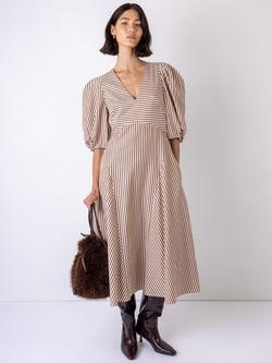 VIVERE Mila Puff Sleeve Bold Striped V-Neck Midi Dress containing LENZING™ ECOVERO™ Viscose, Brown/Cream