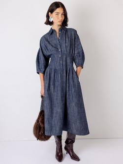 VIVERE Novalie Puff Sleeve Button Neck A Line Midi Dress, Blue