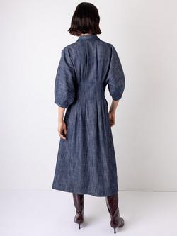 VIVERE Novalie Puff Sleeve Button Neck A Line Midi Dress - view 2, Blue