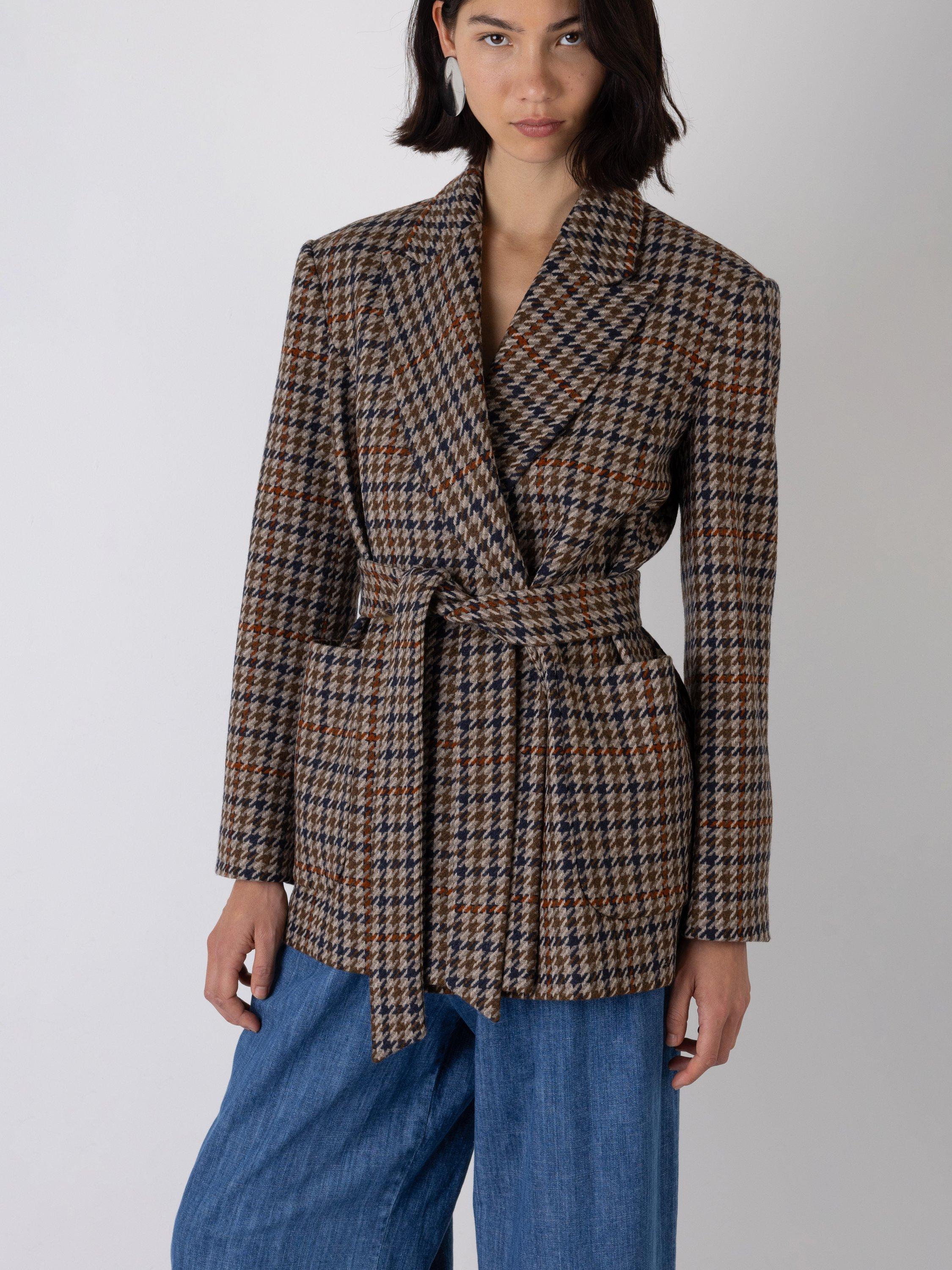 Product image 1 of 5, which shows VIVERE Wilma Wool Blend Check Double Breasted Long Sleeve Blazer, Brown Multi, 16