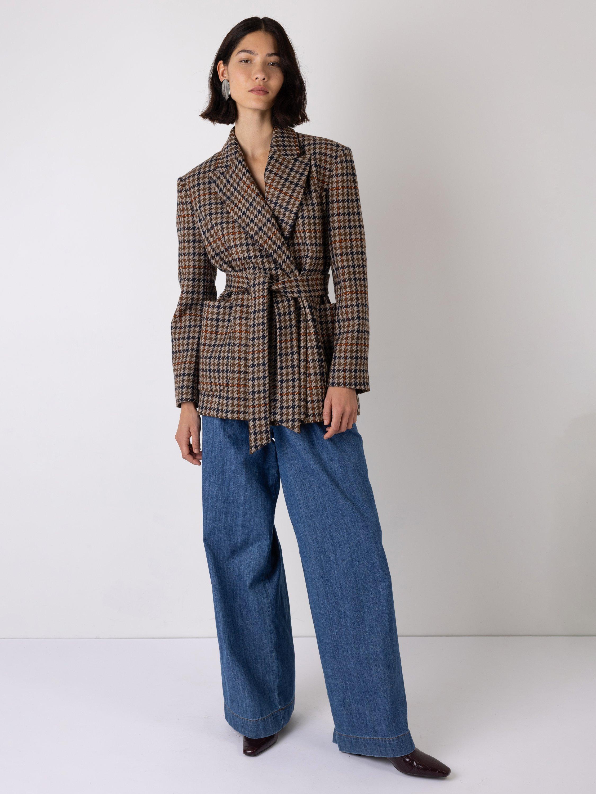 Product image 3 of 5, which shows VIVERE Wilma Wool Blend Check Double Breasted Long Sleeve Blazer, Brown Multi, 16