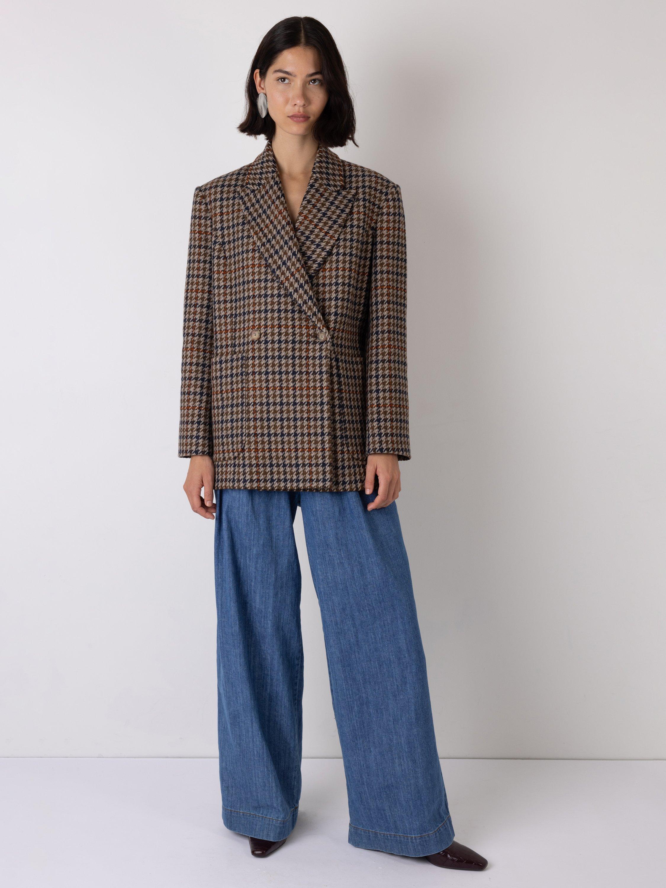 Product image 4 of 5, which shows VIVERE Wilma Wool Blend Check Double Breasted Long Sleeve Blazer, Brown Multi, 16