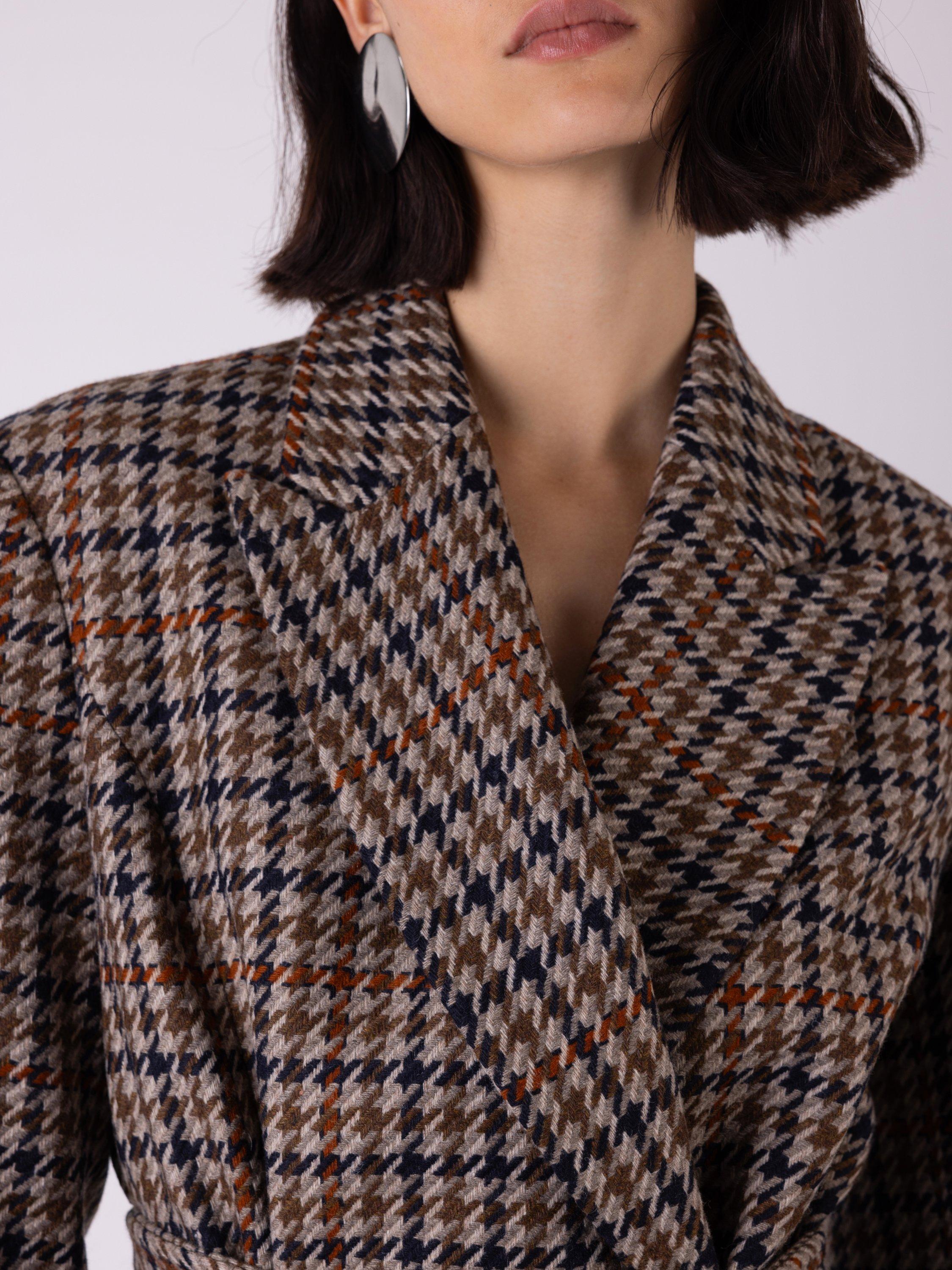 Product image 5 of 5, which shows VIVERE Wilma Wool Blend Check Double Breasted Long Sleeve Blazer, Brown Multi, 16
