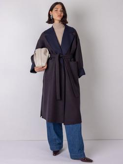 VIVERE Sally Wool Blend Herringbone Check Belted Overcoat, Navy/Burgundy