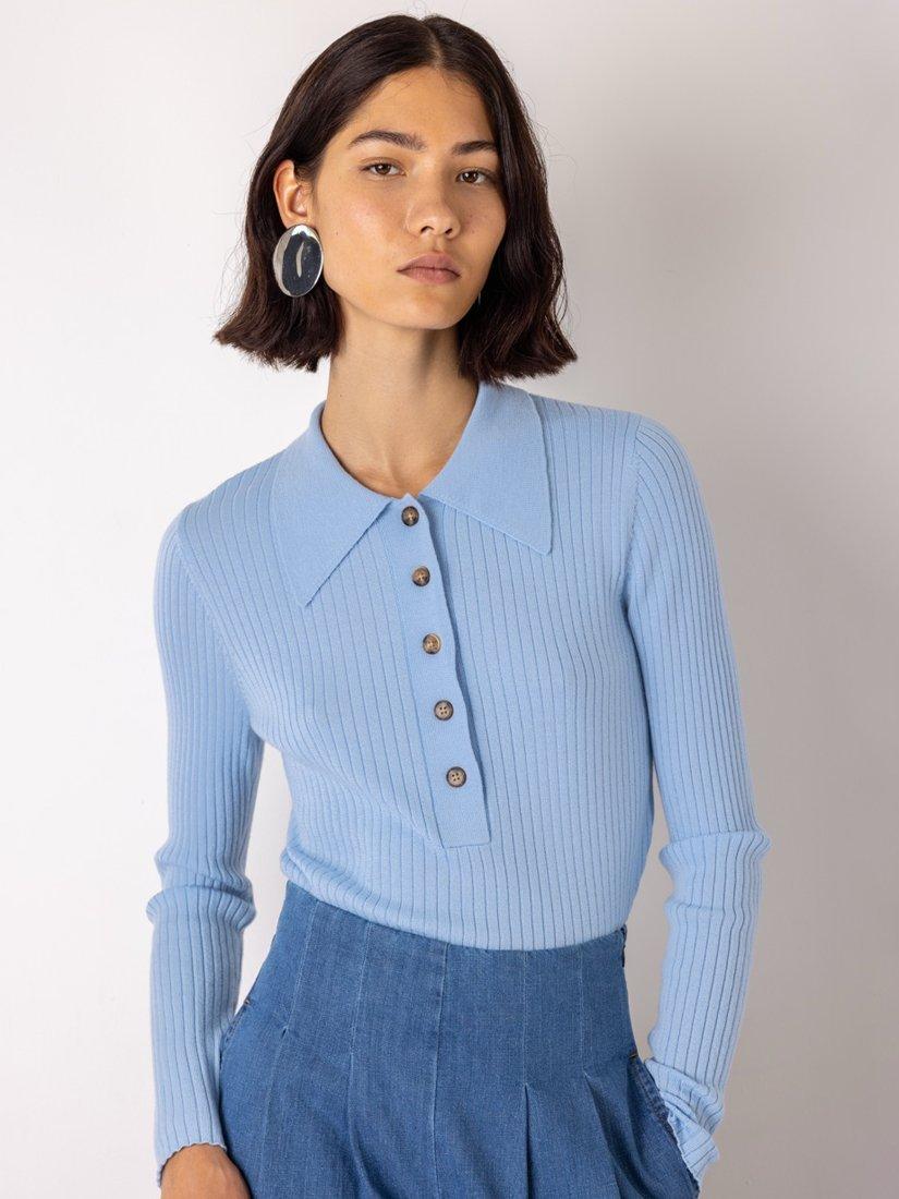VIVERE Merino Wool Rib Knit Polo Top, Pale Blue