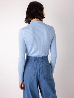 VIVERE Merino Wool Rib Knit Polo Top, Pale Blue - view 2, Pale Blue