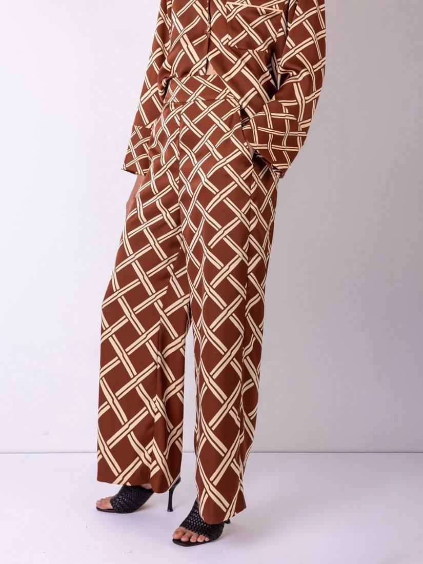 Product image 3 of 5, which shows VIVERE Wynn Cross Chick Print Regular Fit Wide Leg Trousers containing LENZING™ ECOVERO™ Viscose, Brown/Cream, 6