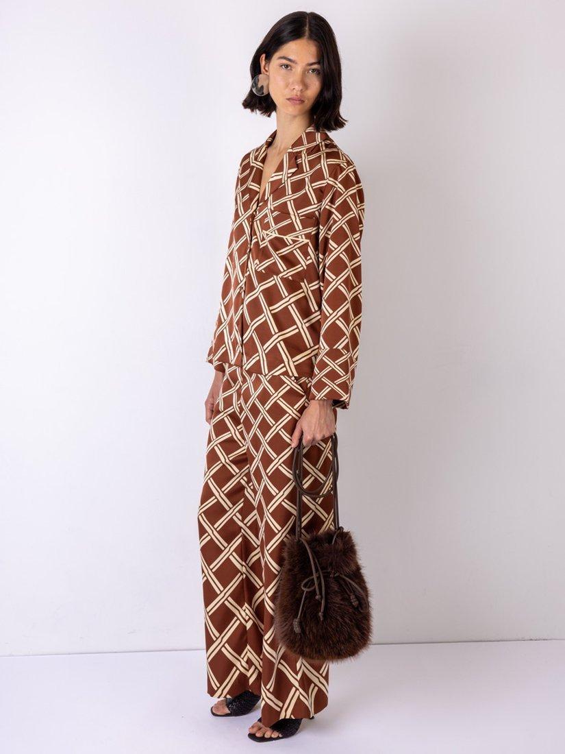 Product image 5 of 5, which shows VIVERE Wynn Cross Chick Print Regular Fit Wide Leg Trousers containing LENZING™ ECOVERO™ Viscose, Brown/Cream, 6