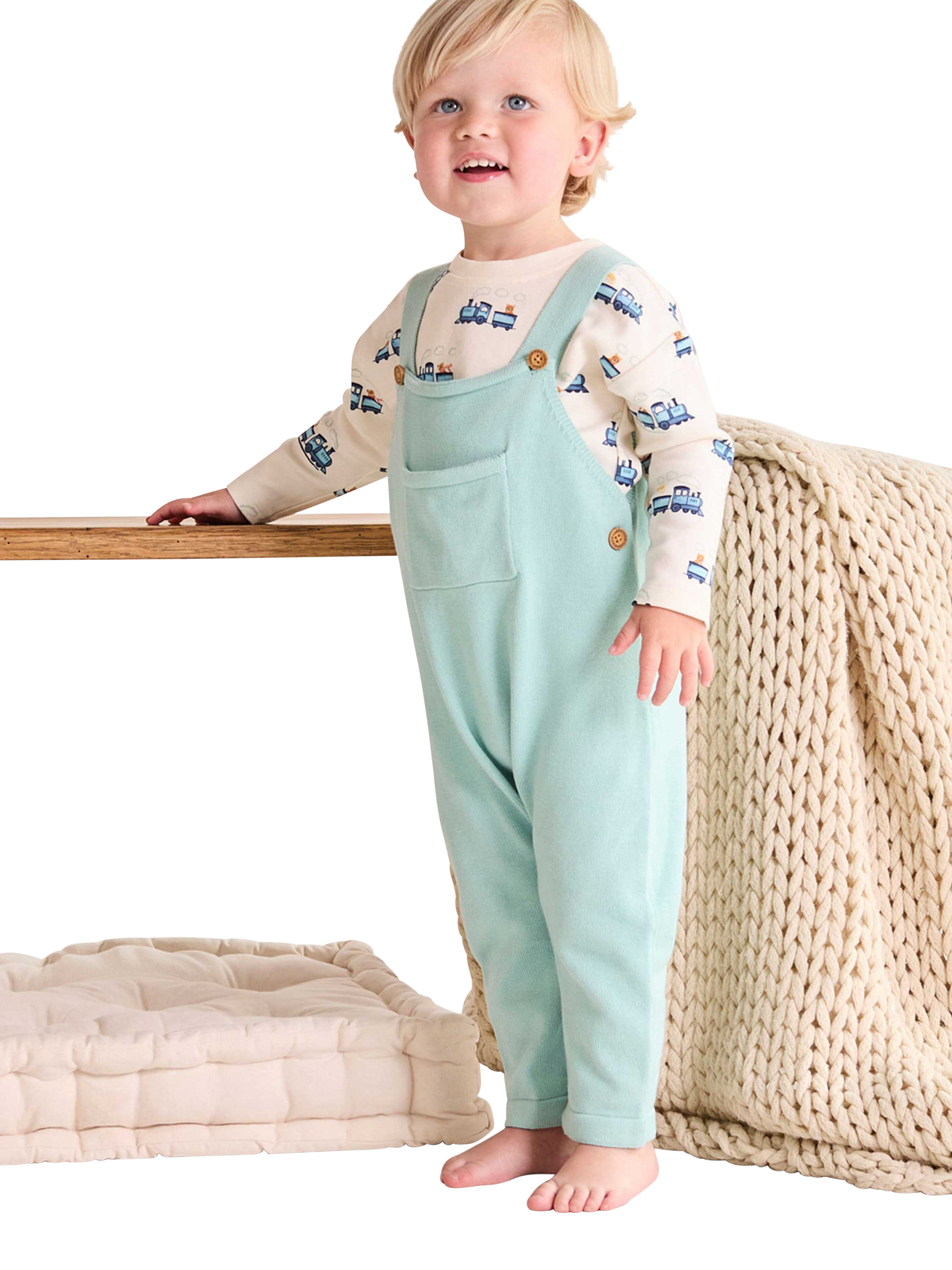 Product image 1 of 7, which shows Mini Cuddles Kids' Cotton Dungaree and Bodysuit Set, Blue, 0-3 months