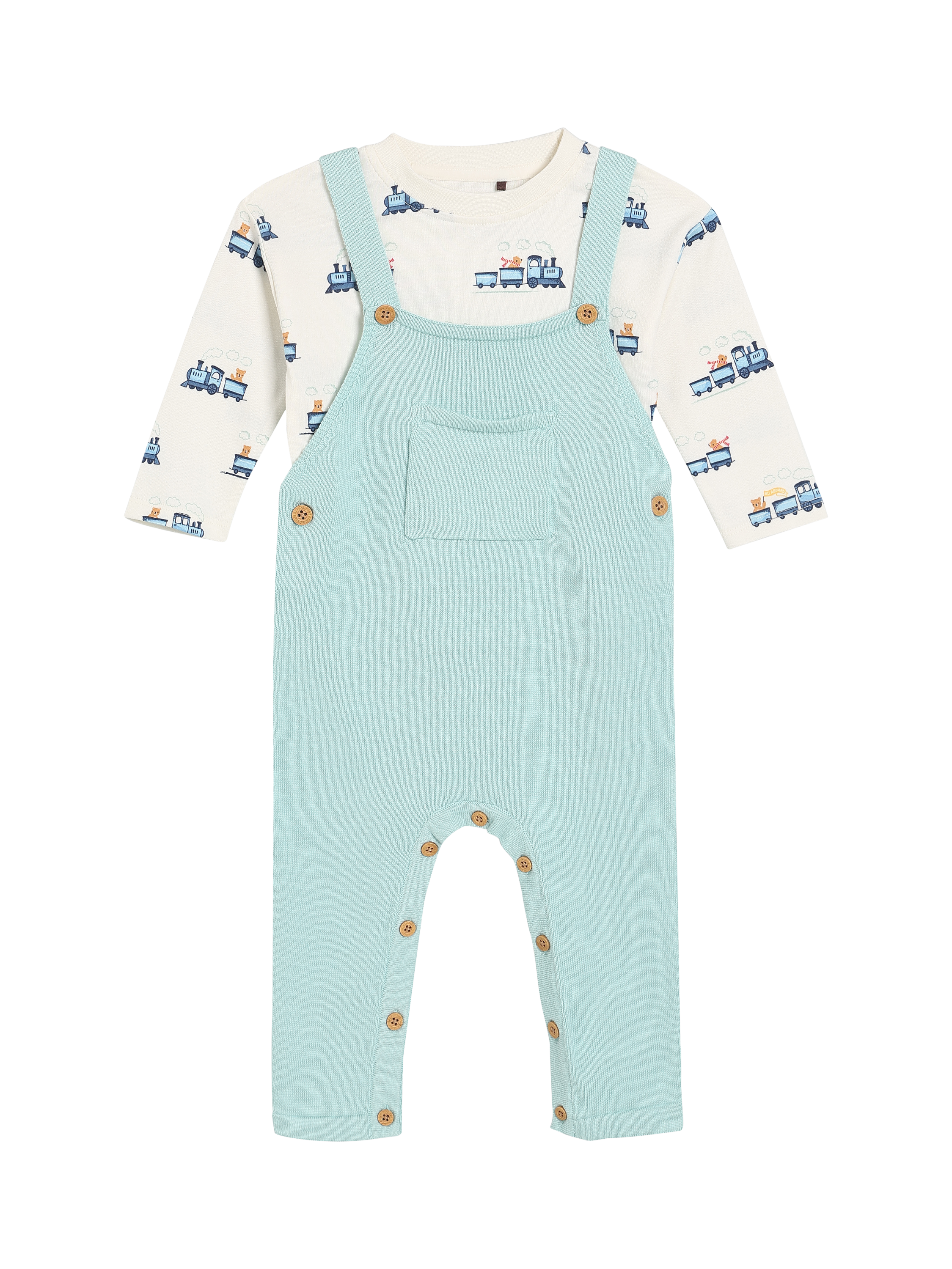 Product image 2 of 7, which shows Mini Cuddles Kids' Cotton Dungaree and Bodysuit Set, Blue, 0-3 months