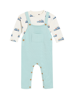 Mini Cuddles Kids' Cotton Dungaree and Bodysuit Set, Blue - view 2, Blue
