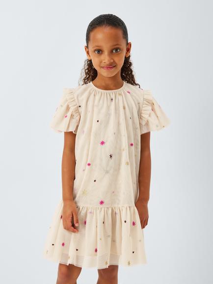John Lewis Kids' Embellished Stars Tulle Party Dress, Cream, Cream
