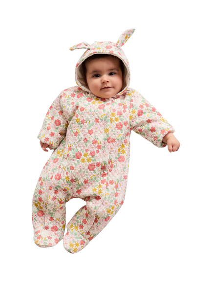 Mini Cuddles Baby Cotton Bunny Pramsuit, Pink Floral, Pink Floral