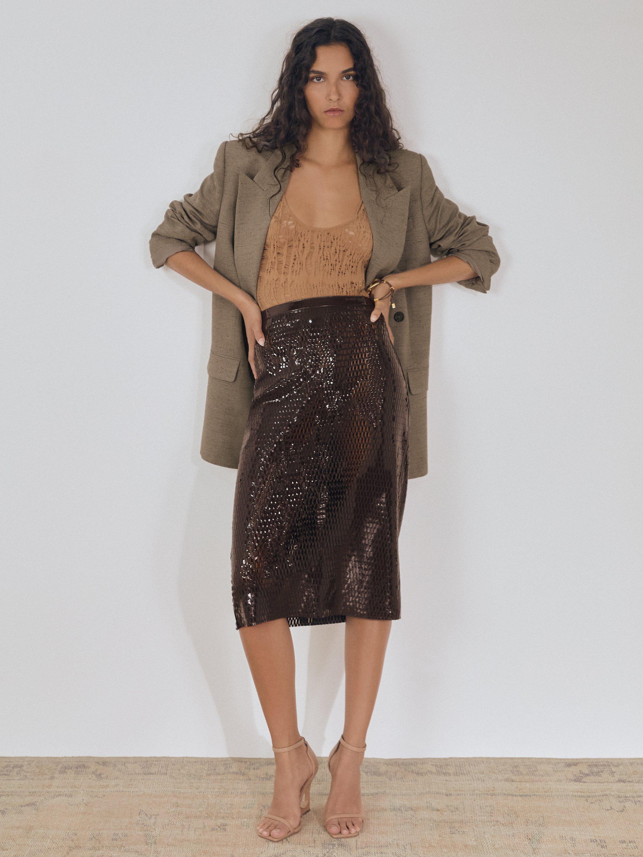 Product image 1 of 5, which shows Reiss Atelier Raye Laser Cut Skirt, Chocolate, 6