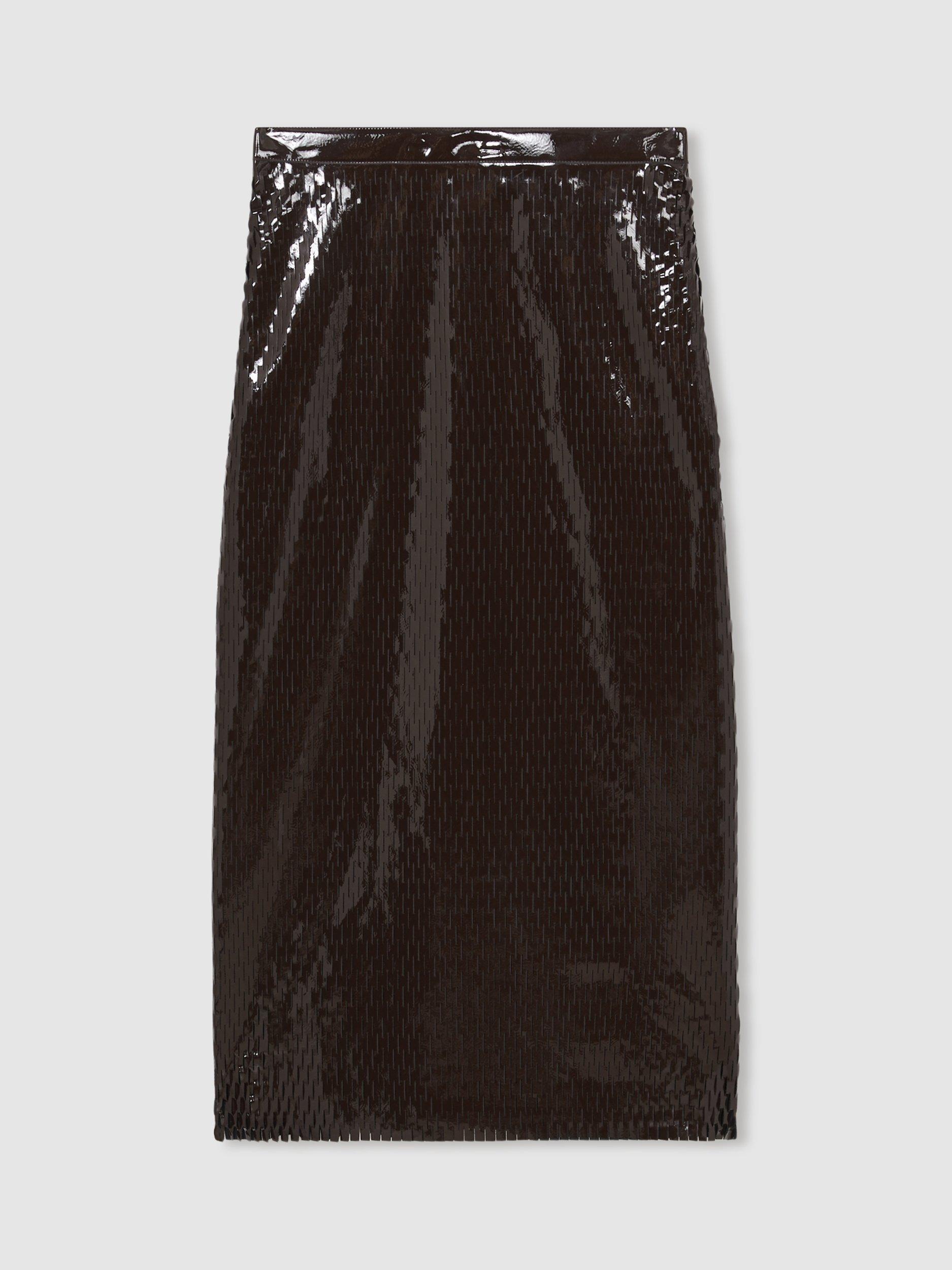 Product image 3 of 5, which shows Reiss Atelier Raye Laser Cut Skirt, Chocolate, 6