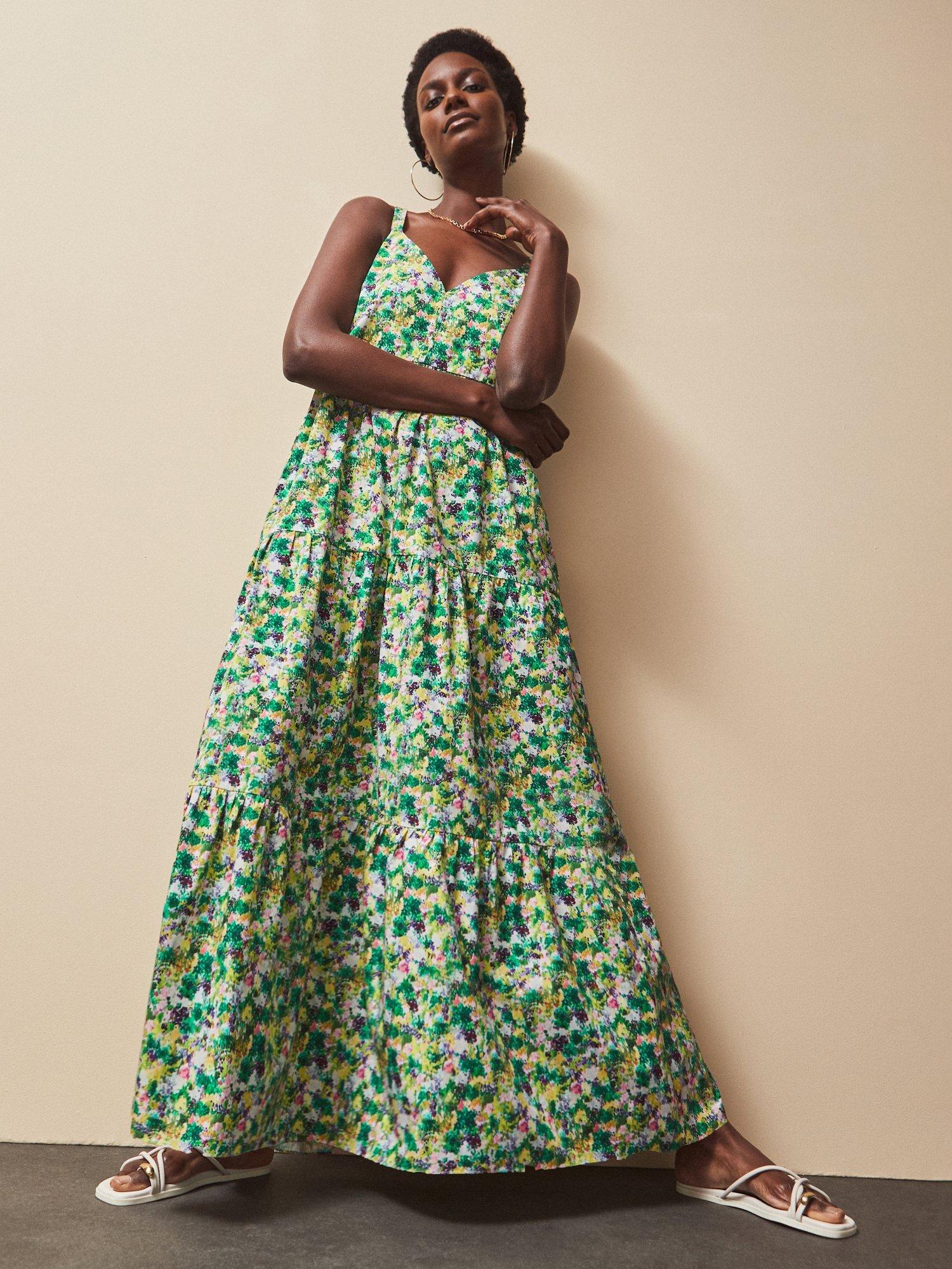 Product image 1 of 4, which shows Ro&Zo Ditsy Tiered Strappy Cotton Maxi Dress, Green/Multi, 8